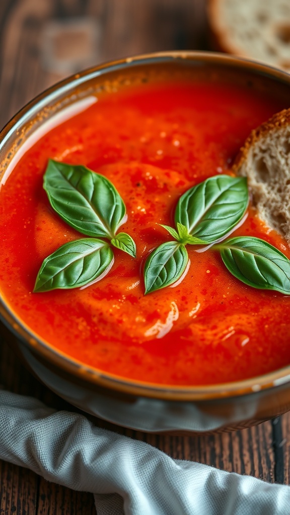 Simple 6-Ingredient Tomato Soup Recipe A bowl of creamy tomato soup garnished with basil, served with crusty bread on a wooden table.